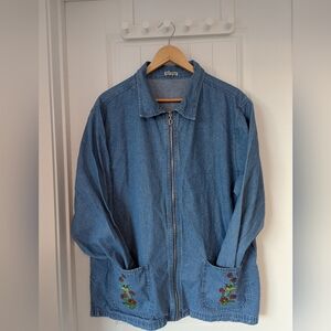 Vintage Denim Jacket Chore Coat Embroidered With Hummingbirds Size Medium